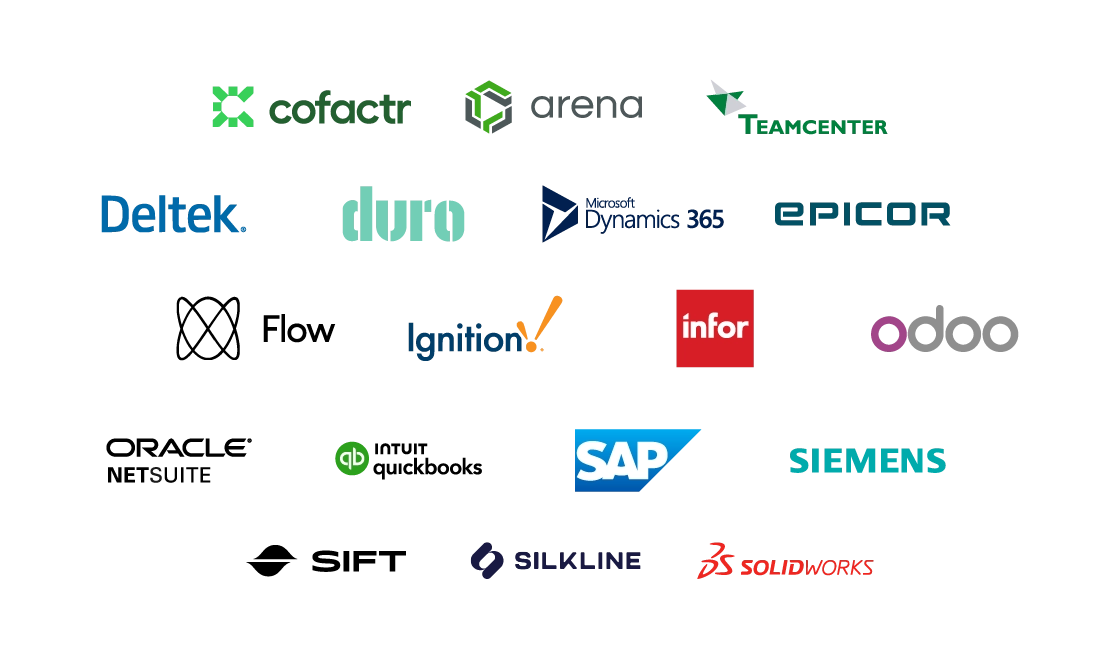 Logos of various software and technology companies, indicating integrations with Manufacturo's cloud-based B2B manufacturing execution system.