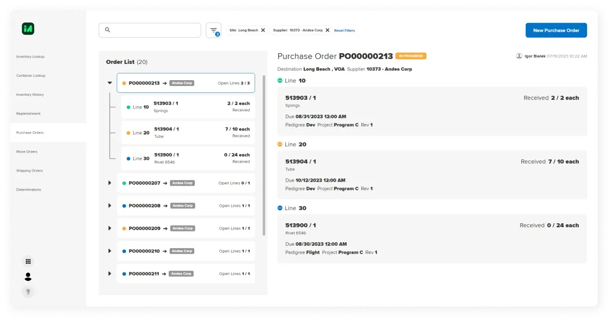 Manufacturo UI showing purchase order PO00000213 with 'In Progress' status. Details include destination, supplier, and item lines with received quantities for Springs and Rivet 6546.