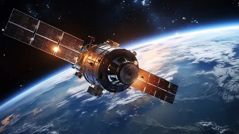 地球上空を周回する太陽光パネルを備えた衛星。惑星には雲と街の明かりが見え、背景には星が輝いています。宇宙技術とグローバルな接続性を表します。