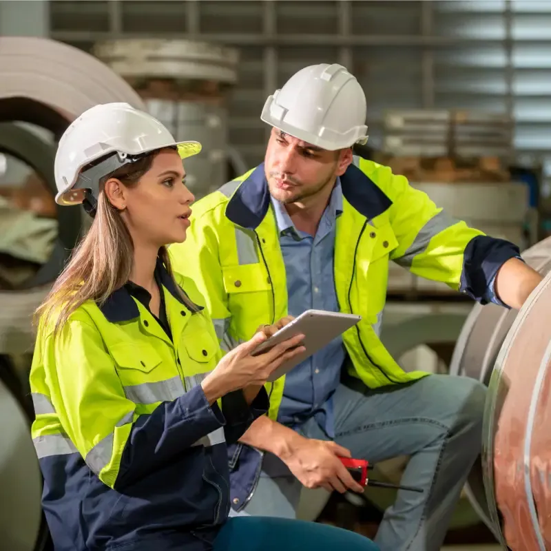 Two workers in hard hats and high-visibility vests from manufacturo.com review production data on a tablet. A male worker in a neon yellow and navy jacket points as a female worker holds the tablet, both in a factory with large metal coils. Keywords: MES, manufacturing, production management.