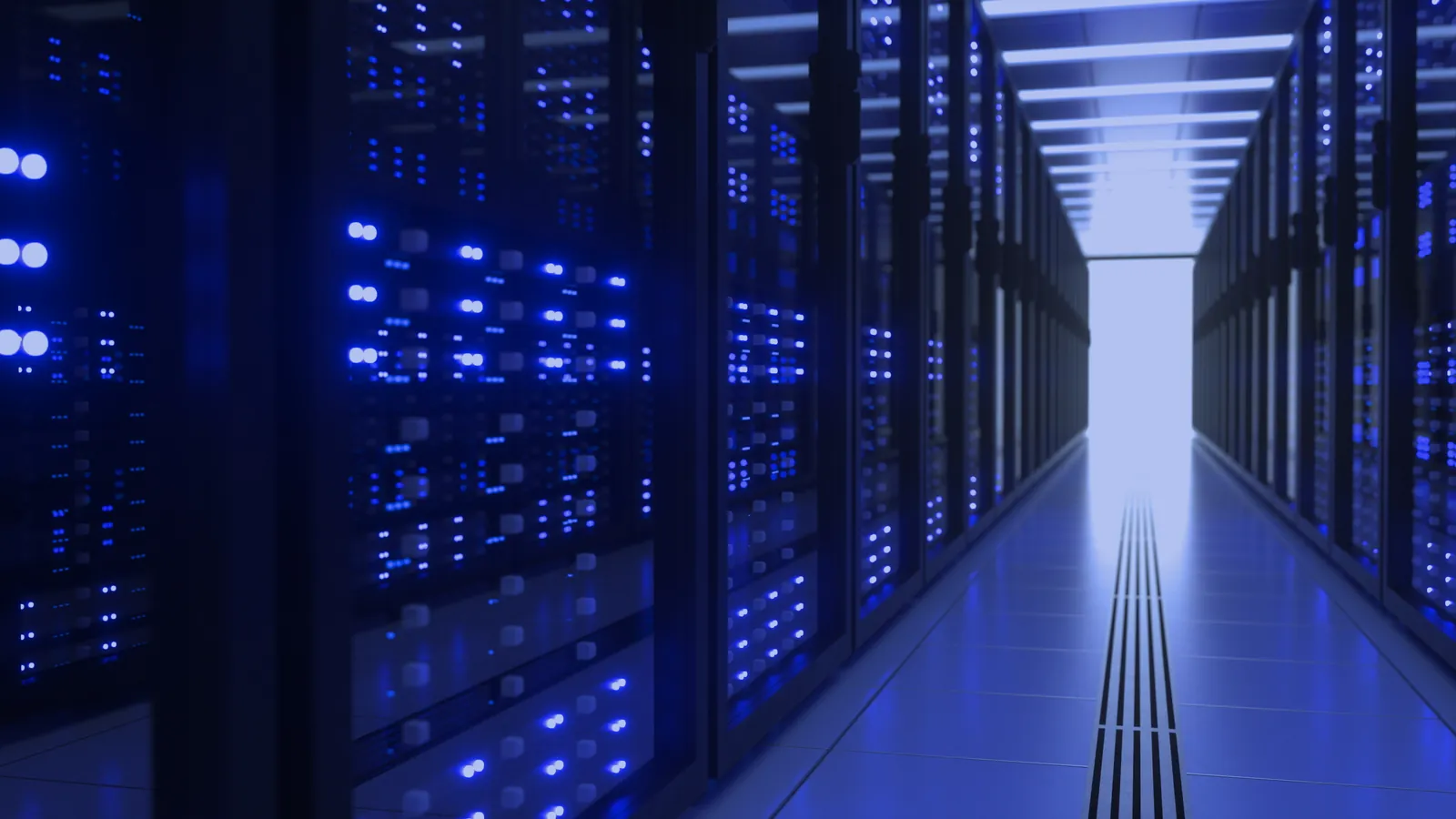 Server racks in data center corridor – lavender