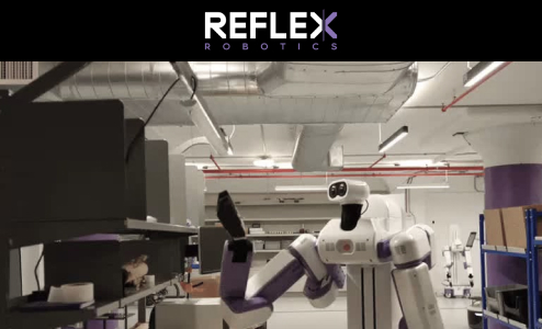 A sophisticated white and purple REFLEX Robotics robot with a multi-jointed arm operates in a clean, modern manufacturing or research facility, showcasing advanced automation for production processes.