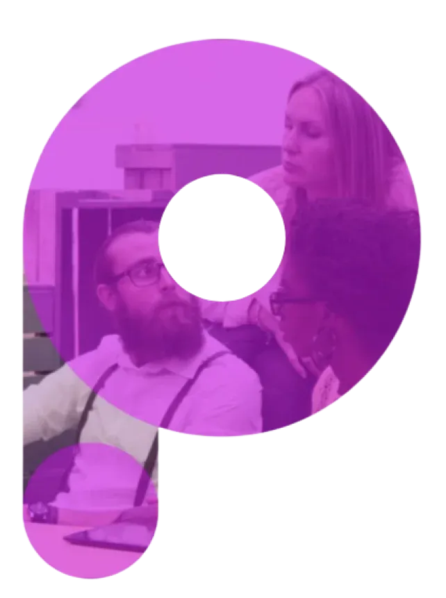 Process and Procedures icon in purple, overlaid on a photo of three people in a bright room, two men and one woman discussing production data.