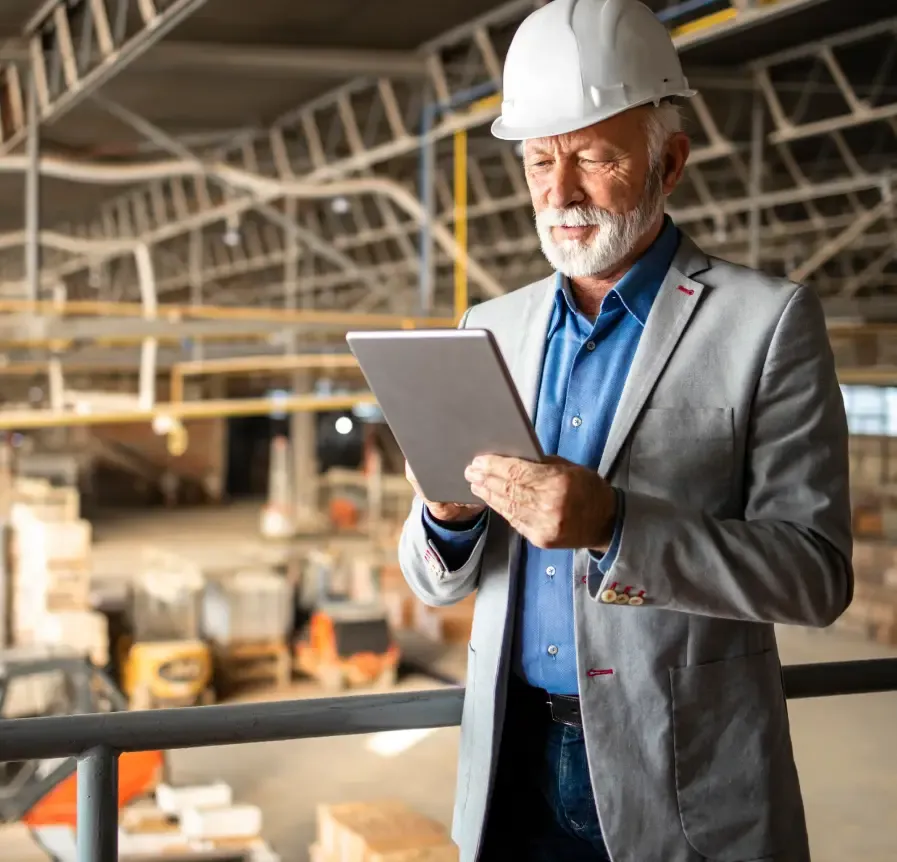 An experienced man wearing a white hard hat and a gray suit jacket over a blue shirt uses a tablet computer in a large manufacturing plant. He appears focused on the screen as he stands near a metal railing, with forklifts and industrial structures visible in the blurred background.