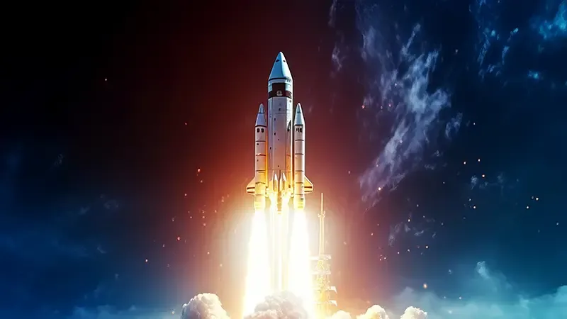 複数段ロケットが発射台から劇的に上昇し、明るい炎の排気と、遠くの光の斑点がある暗く曇った空に囲まれています。製造実行システム（MES）。