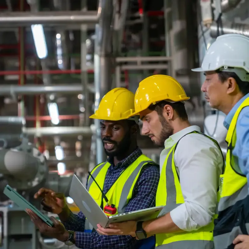 Three manufacturing professionals wearing hard hats and high-visibility vests in a factory setting examine a laptop and tablet. One man points to the tablet screen, discussing data related to production management.