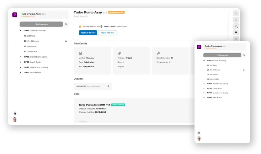 Manufacturo UI showing Turbo Pump Assembly details with pending approval status. Includes operation list, plan details like method, type, site, and BOM information.