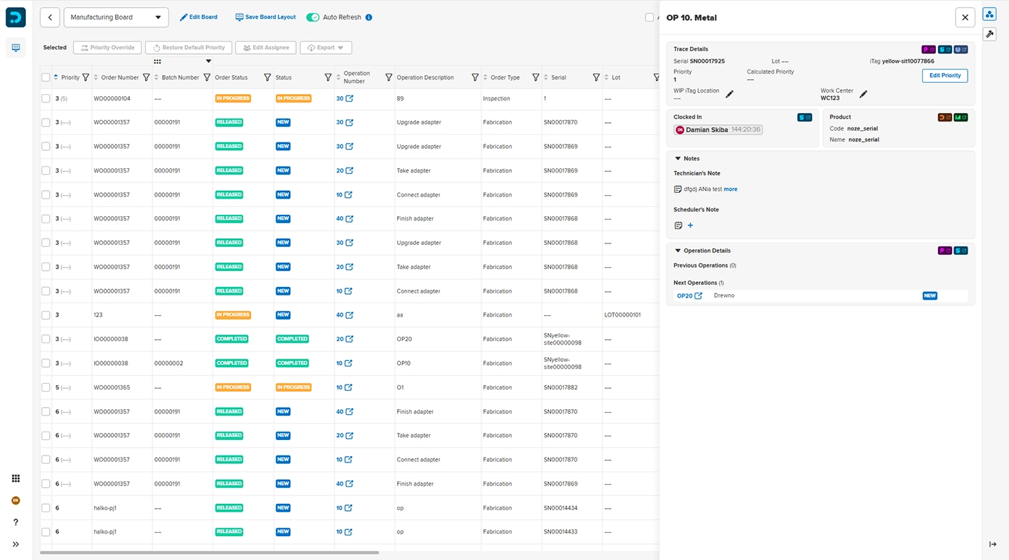 Manufacturing dispatching board UI showing a table of production orders with columns for priority, order number, batch number, status, operation description, order type, serial, and lot. A side panel displays trace details, notes, and operation details for a selected order.