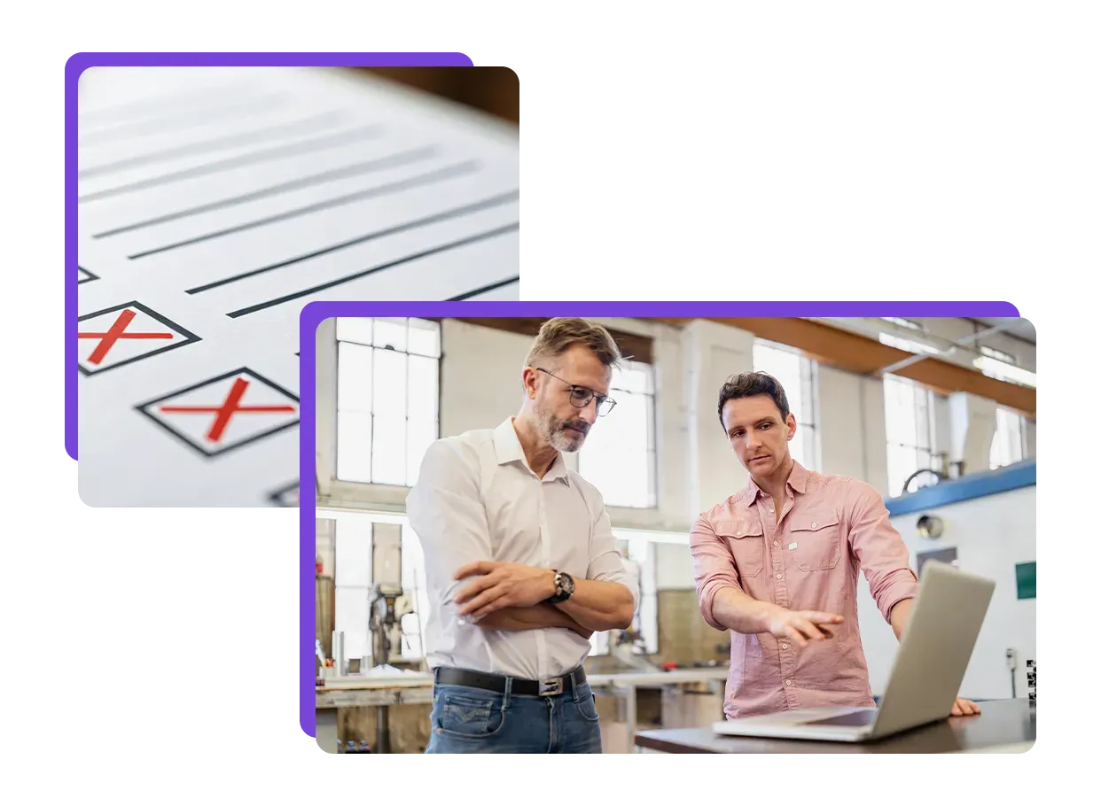 Two men in a factory setting review a laptop. The foreground shows a close-up of a checklist with red X marks. This visually represents production control and data management in manufacturing