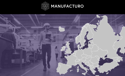Manufacturo logo above a muted purple factory interior with workers and an overlay of a light gray map of Europe. This visual represents global manufacturing operations.