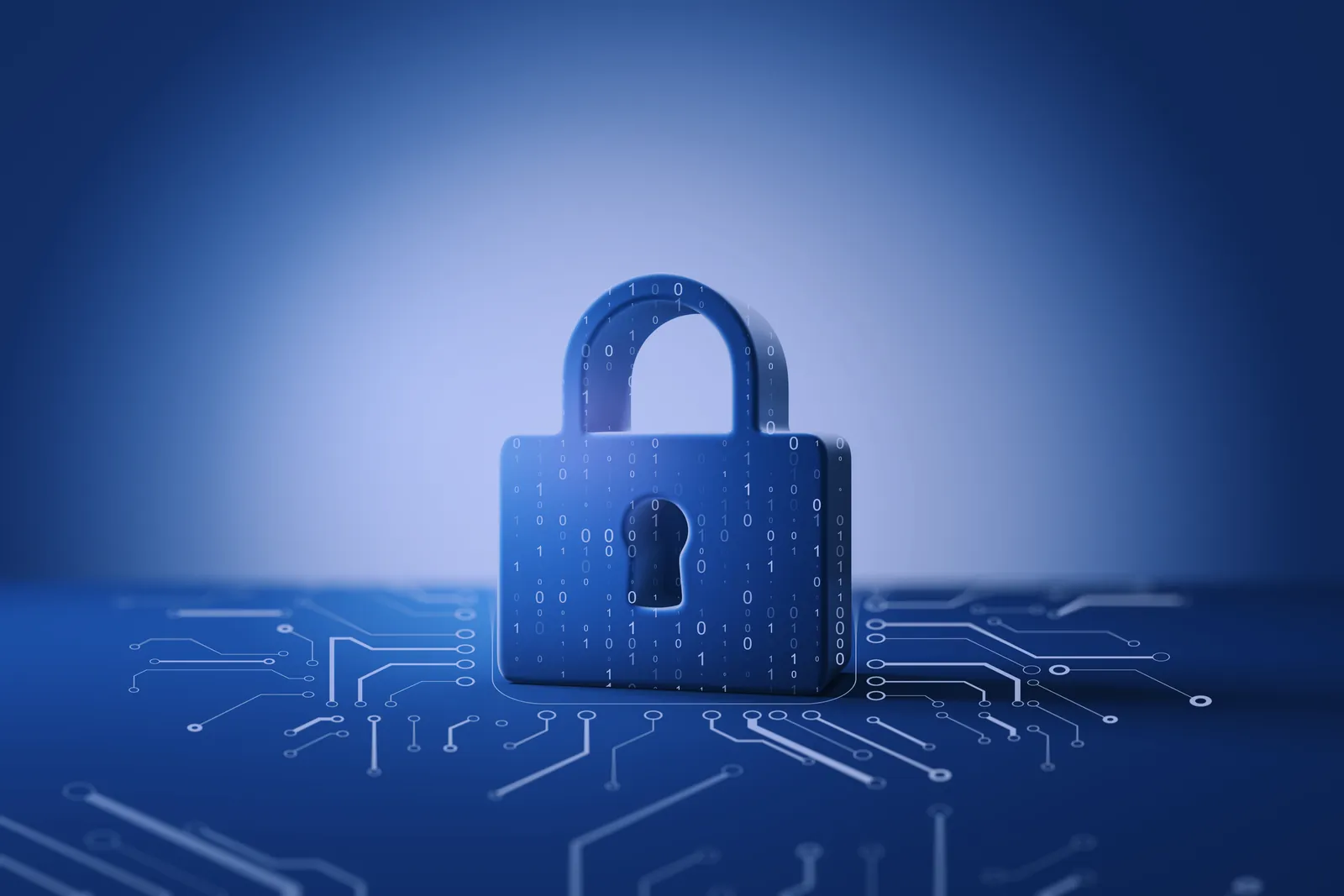 Blue digital padlock on circuit board – lavender