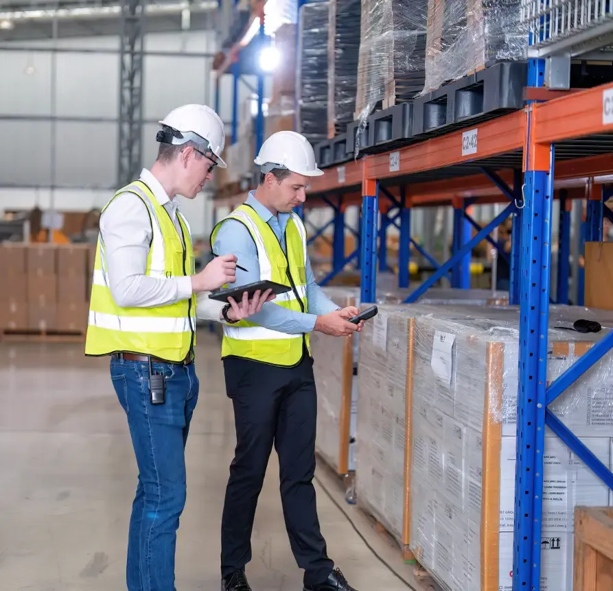 Two warehouse workers in high-visibility vests and hard hats review data on a tablet and scanner in a modern distribution center aisle. Boxes are shrink-wrapped on shelves.