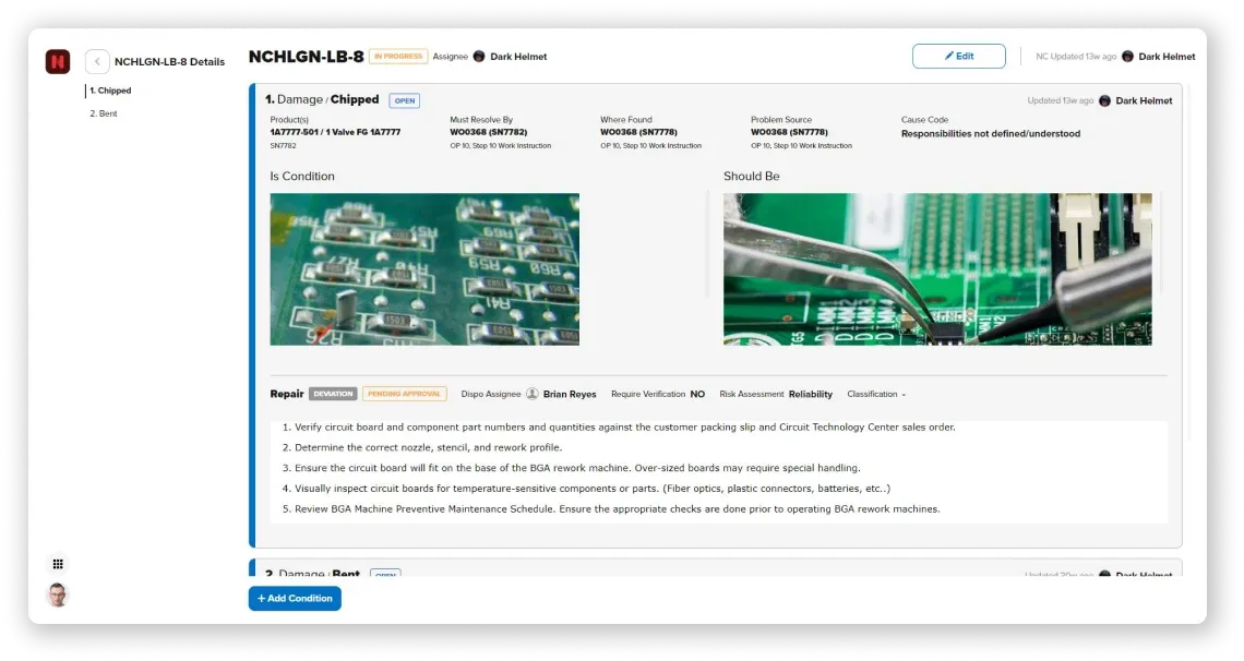 Manufacturo Nonconformance UI showing a chipped circuit board with tweezers. Details include product, damage, assignees, and repair steps for BGA rework. In Progress status.