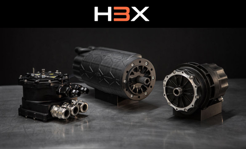 H3X logo above three industrial manufacturing components displayed on a metallic surface against a dark background.