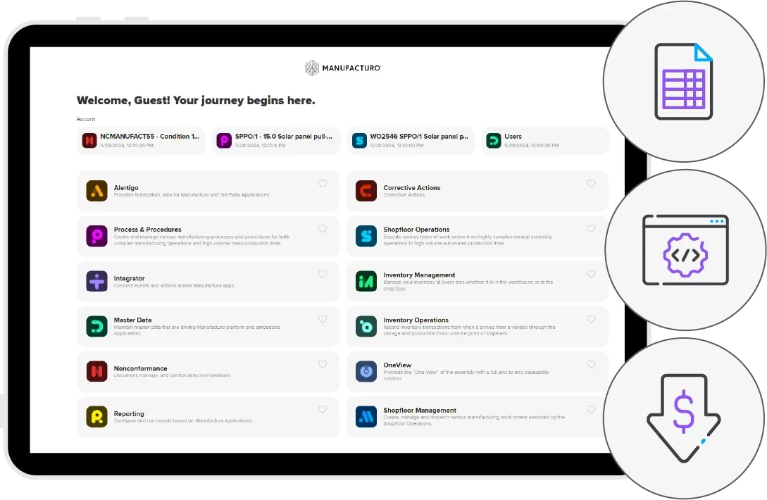 Manufacturo クラウドベースのMESダッシュボードには、ウェルカムメッセージと、Process & Procedures、Integrator、Alertigo、Inventory Management、Shopfloor Operationsなどのアプリケーションモジュールのグリッドが表示されます。