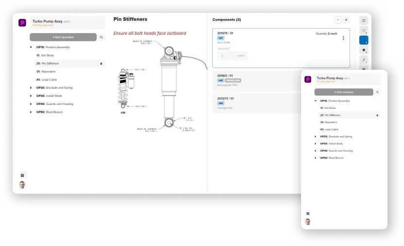 UI showing Manufacturo's Process and Procedures module for a Turbo Pump Assembly. Lists operations like 'Set Struts' and 'Pin Stiffeners' with a visual diagram of the pump and component list.
