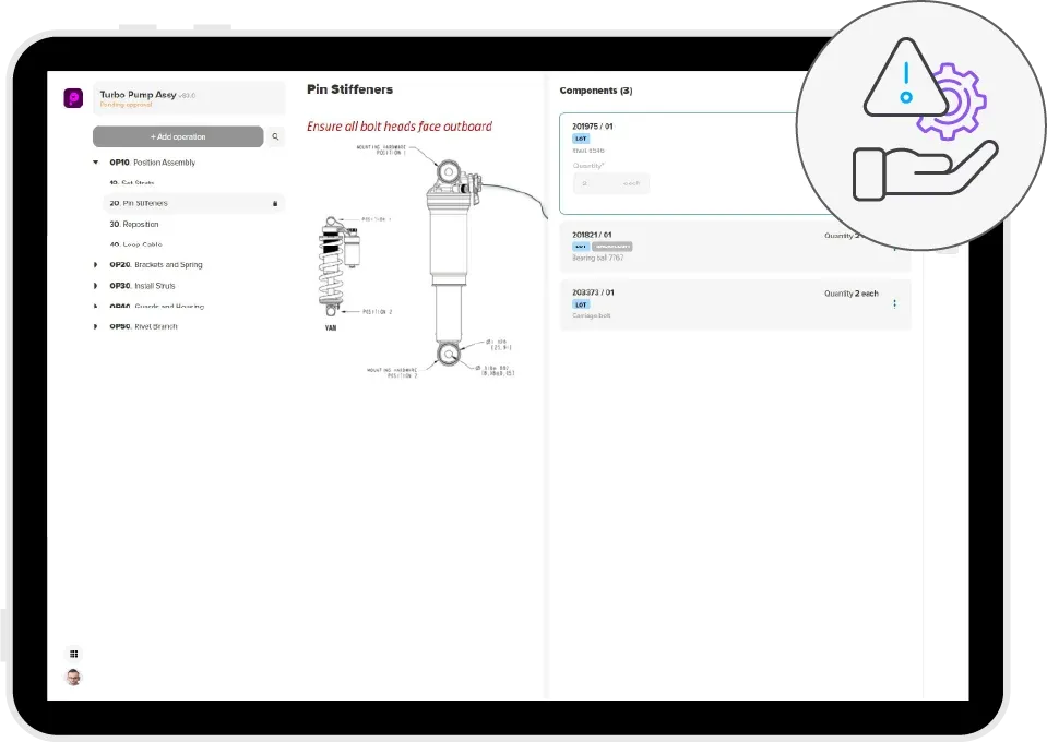 Manufacturo MES UI 'ピンステンナー' アセンブリを表示。左に詳細な作業手順、右に数量付きコンポーネントリスト。アラートアイコンと手のアイコンを含む。