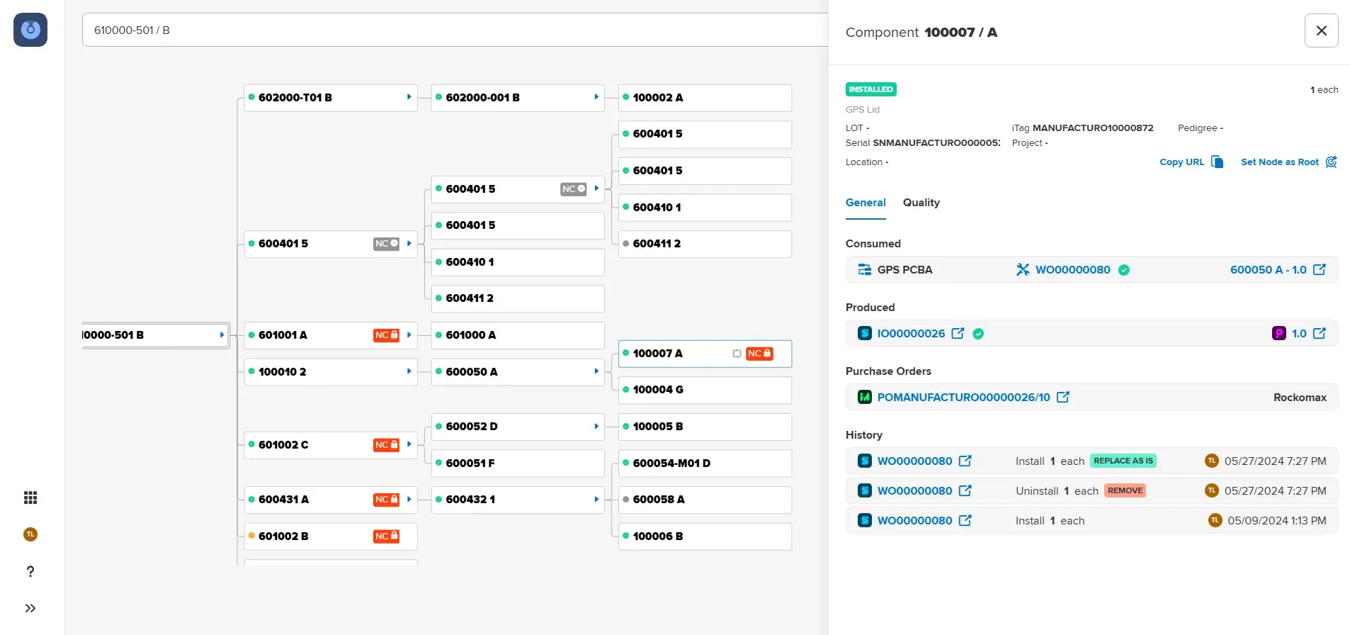 Manufacturo interface showing a Bill of Materials tree with component 100007 A selected. Details include 'Installed' status, LOT, Serial, Location, Consumed GPS PCBA with WO00000080, Produced WO00000026, and Purchase Orders.