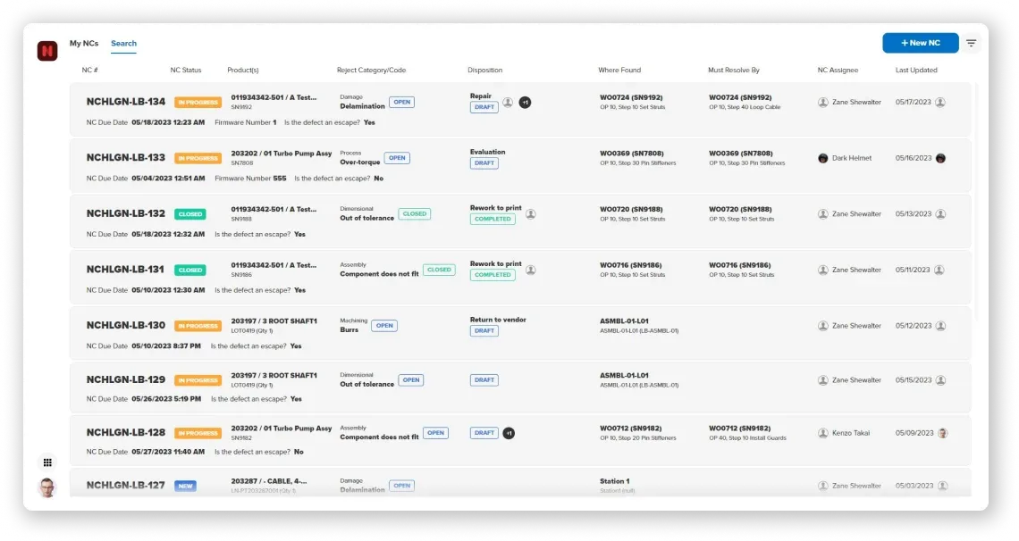 Manufacturo Nonconformance dashboard displaying open and closed NC records with details like NC #, status, product, reject category, disposition, where found, assignee, and last updated date.
