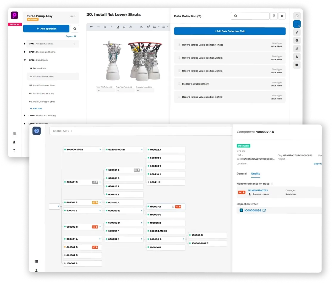 Manufacturo MES UI 'ターボポンプアセンブリ' のプロセスステップを表示し、'Install 4 Probes and Guard' を含む、トルクと長さのデータ収集フィールド、およびコンポーネント階層ビューを備えています。